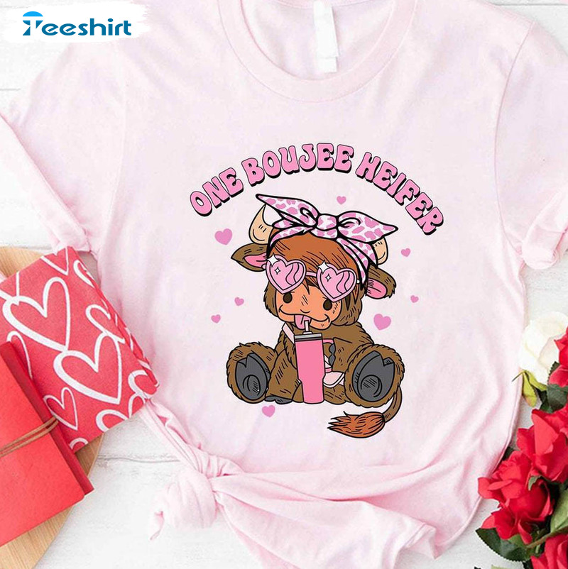 Cool Design One Boujee Heifer Shirt, Cow Valentine Sweatshirt Short Sleeve