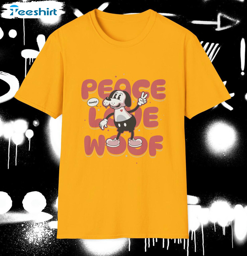 Steamboat Willie Cool Design Shirt, Trendy Peace Love Woof Short Sleeve Hoodie