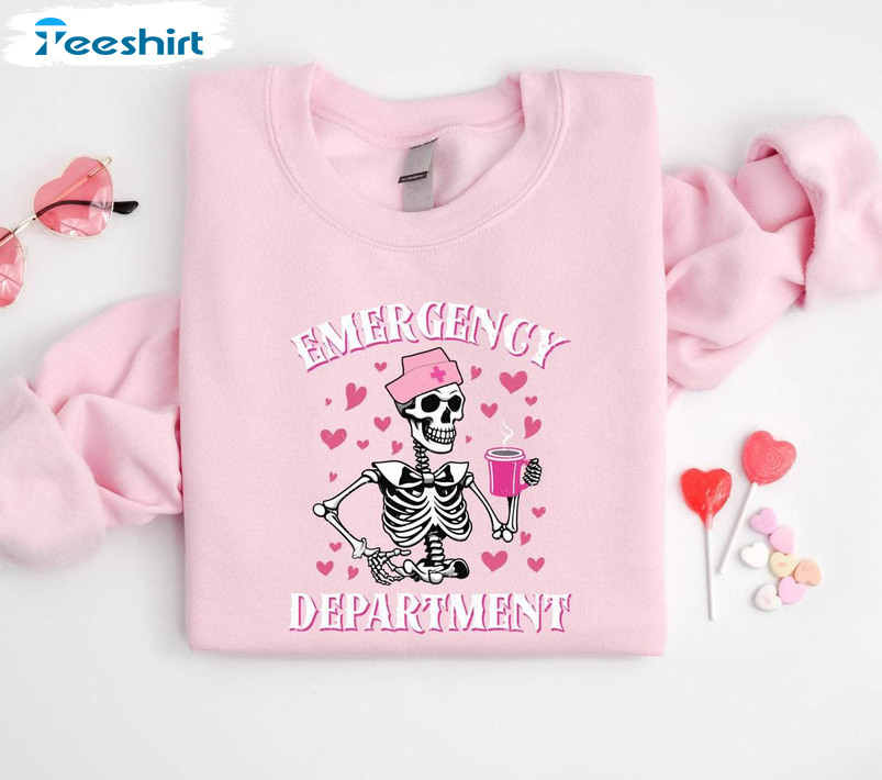 New Rare Emergency Department Valentine Shirt, Must Have Skeleton And Coffee T Shirt Crewneck