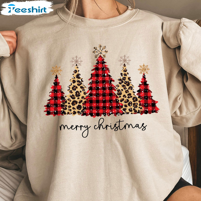 Christmas Tree Leopard Shirt - Buffalo Plaid Christmas Sweatshirt Long Sleeve