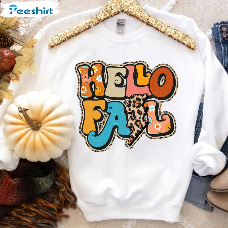 Hello Fall Leopard Shirt - Happy Thanksgiving Autumn Crewneck Sweatshirt