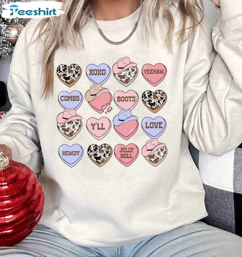 Valentines Candy Heart Sweatshirt , Modern Howdy Valentine Shirt Long Sleeve