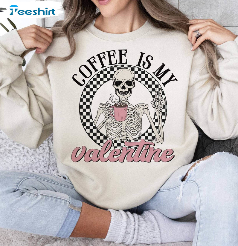 Groovy Coffee Is My Valentine Shirt, Retro Skeleton Short Sleeve Hoodie