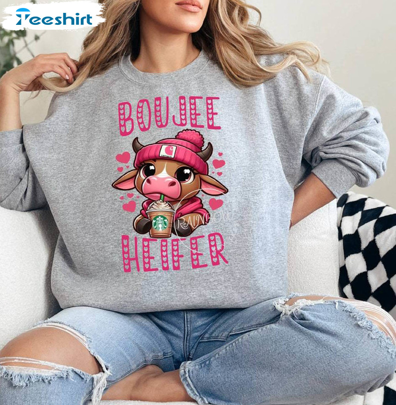 Comfort One Boujee Heifer Shirt, Highland Cow Valentine Crewneck Long Sleeve