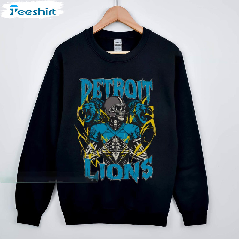 Vintage Detroit Skeleton Football T Shirt, Modern Detroit Lions Shirt Crewneck