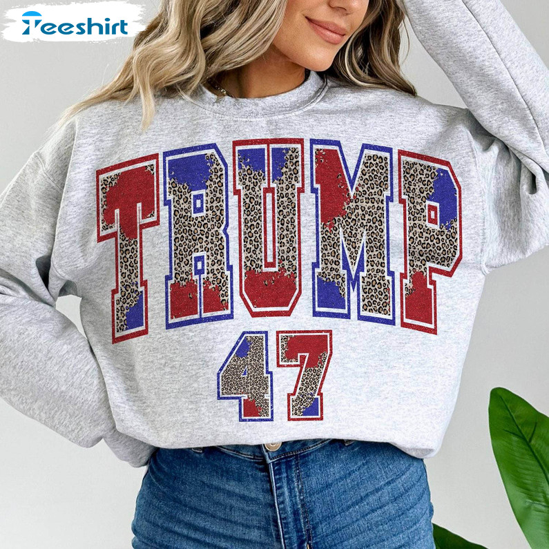 Leopard Trump 47 Sweatshirt , Trendy Trump Varsity Shirt Short Sleeve