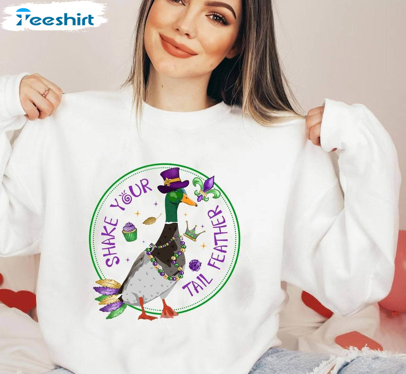 Trendy Duck Mardi Gras Shirt, Shake Your Tail Feather Nola Hoodie Tank Top