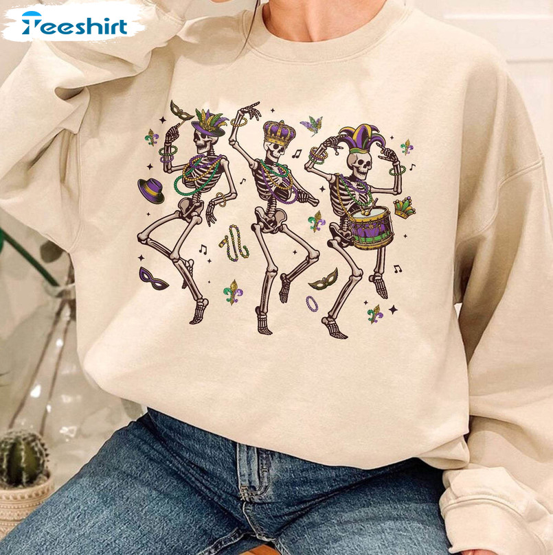 Mardi Gras Skeleton Vintage Shirt, Unique Parade Party Long Sleeve Crewneck