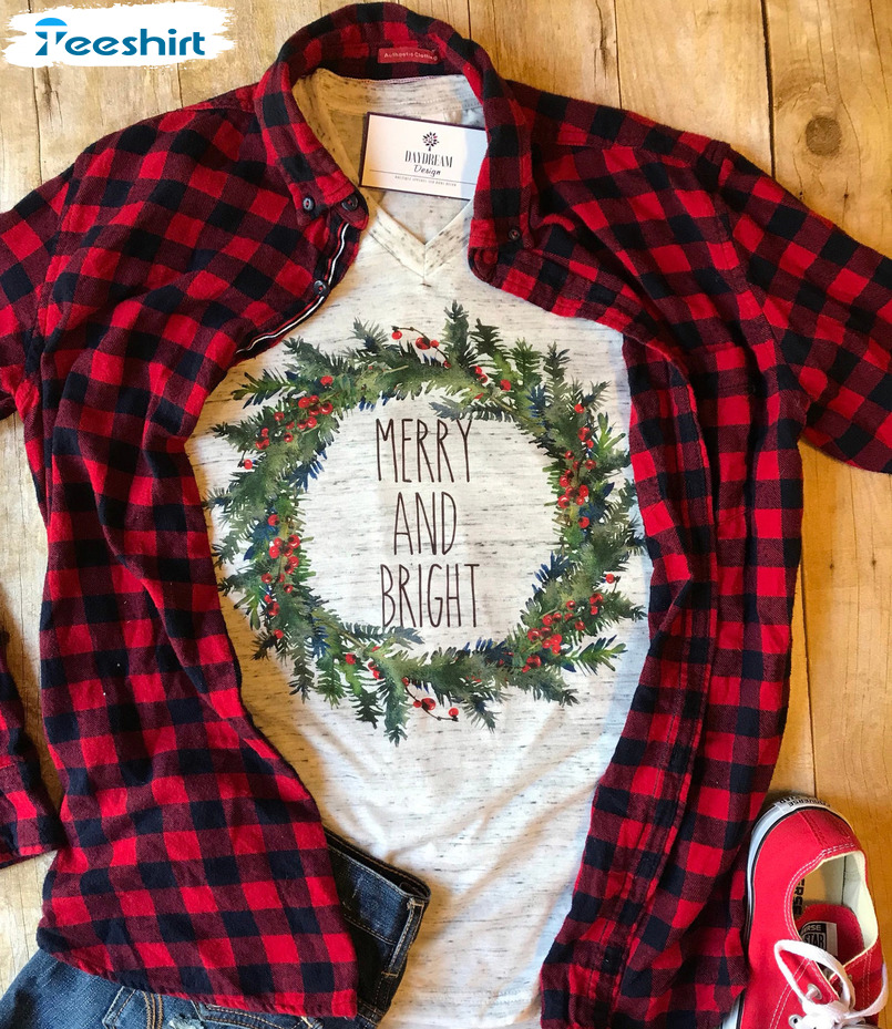 Merry And Bright Shirt - Christmas Tree Trendy Sweatshirt Long Sleeve