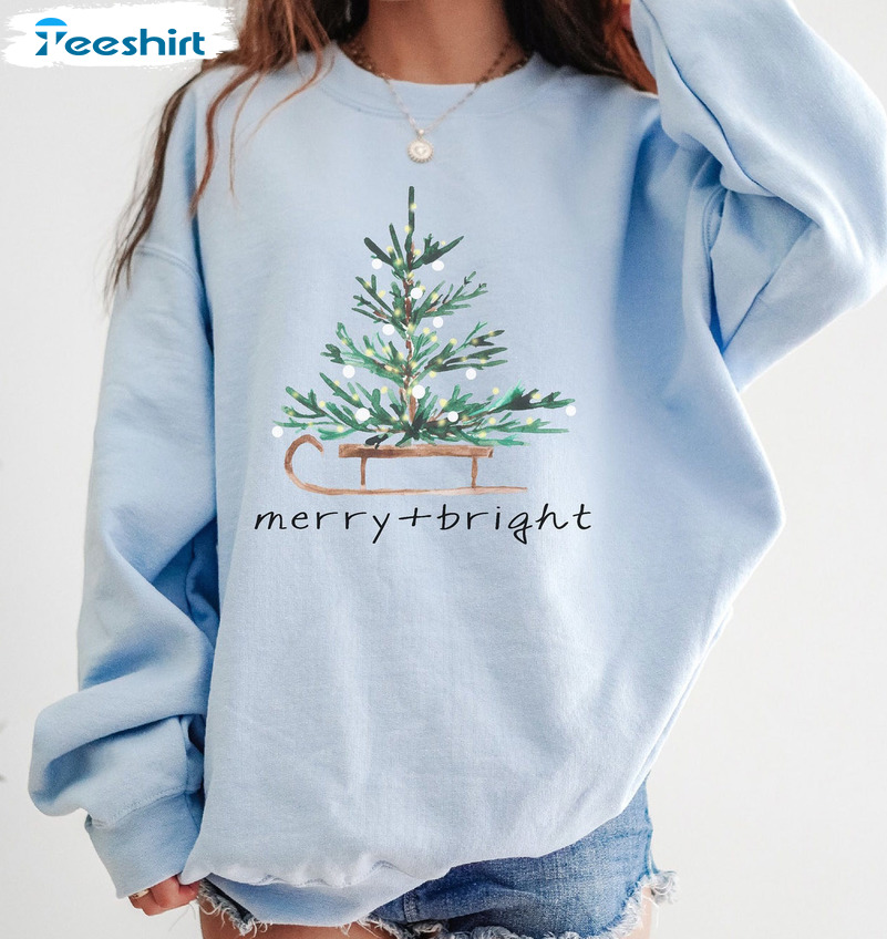 Merry + Bright Christmas Tree Modern Dainty Holiday Gildan 18000 Sweatshirt