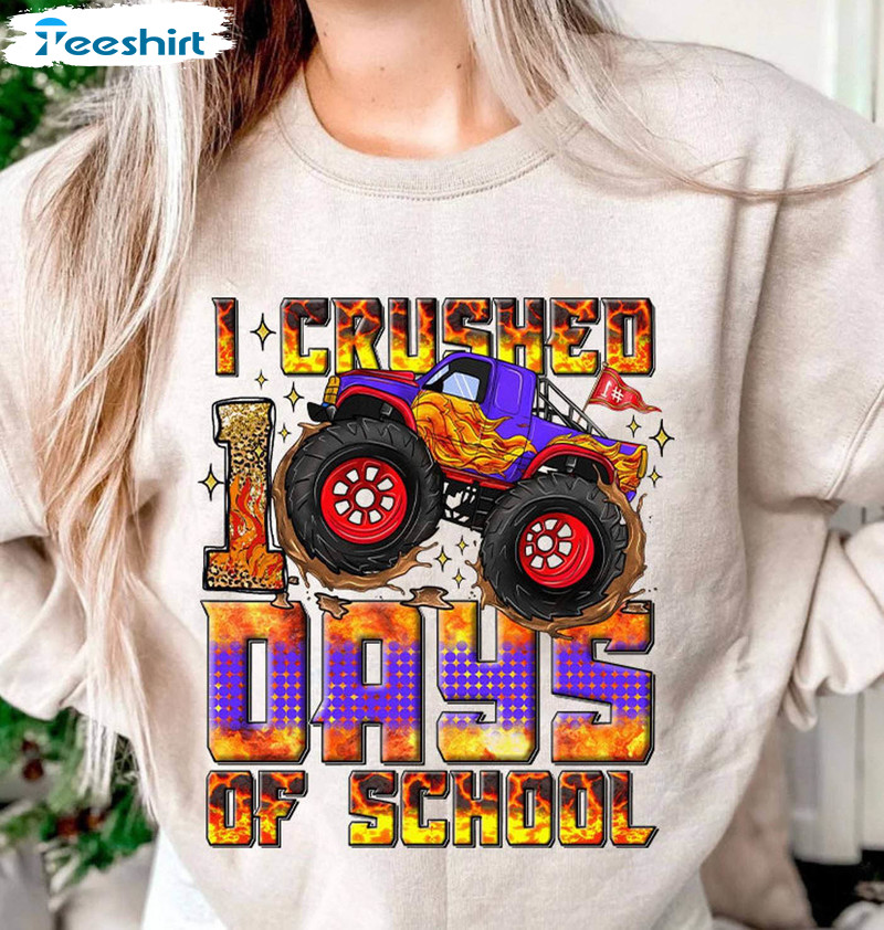 Vintage Crushed 100 Days Of School Shirt, Truck And Fire Short Sleeve Unisex Hoodie