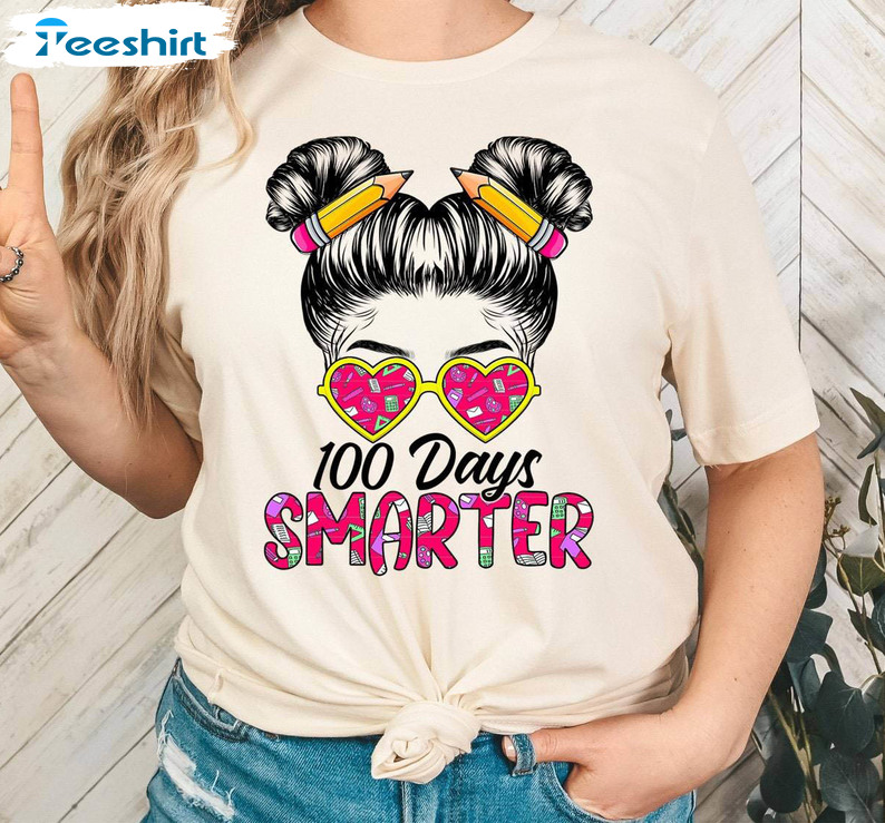 Cute Girls Messy Bun Hair T Shirt, Must Have 100 Days Smarter Shirt Long Sleeve