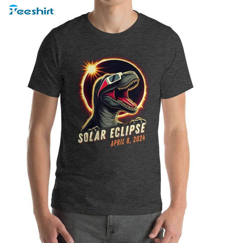 Total Solar Eclipse Shirt, Dinosaur Astronomy Party April 8 2024 Crewneck Sweatshirt Tee Tops