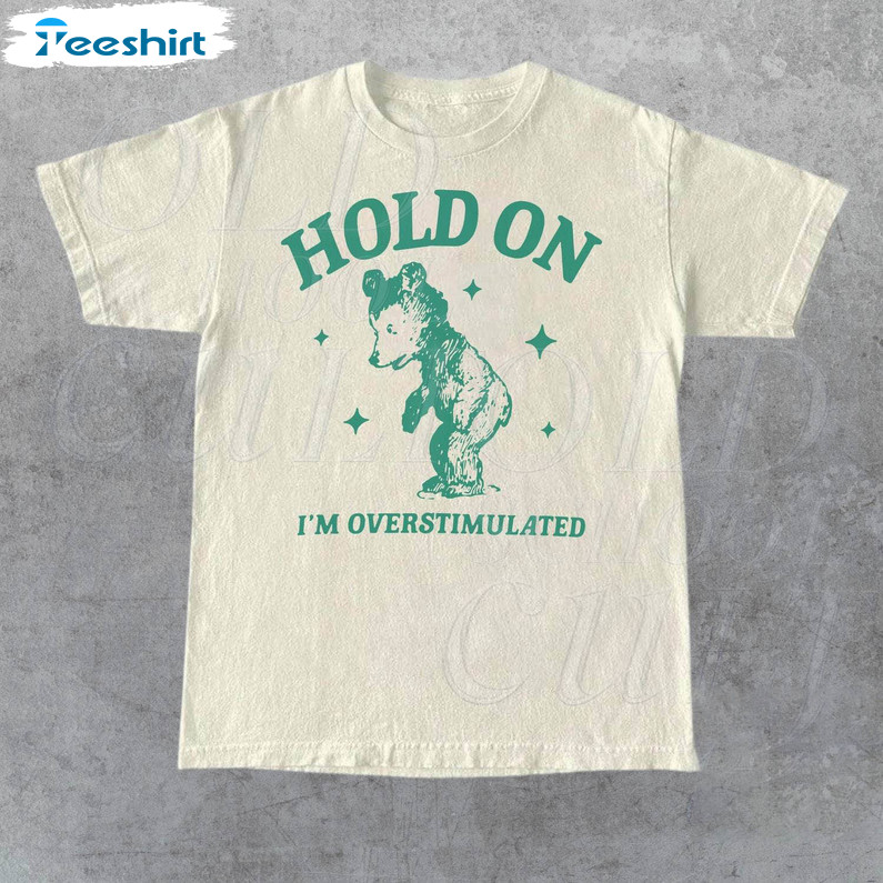 Hold On I M Overstimulated Retro Shirt, Funny Bear Meme Long Sleeve Hoodie