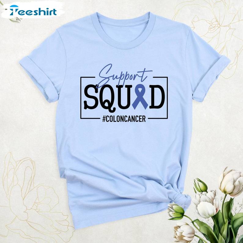 Colon Cancer Support Squad Shirt, Blue Ribbon Cancer Awareness Crewneck Sweatshirt Tee Tops