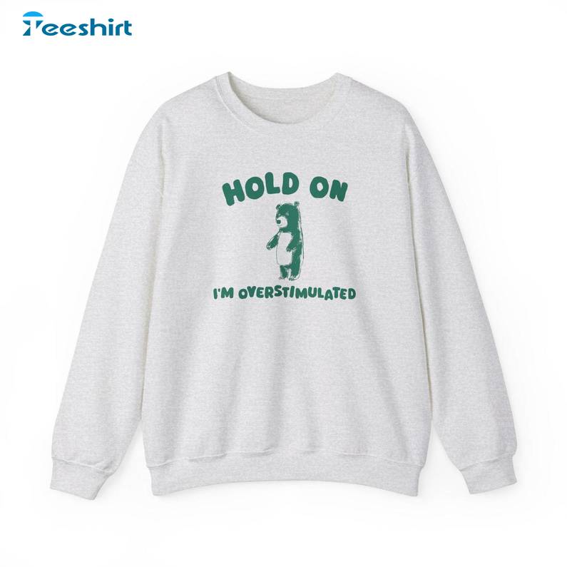 Hold On I'm Overstimulated Shirt, Funny Bear Short Sleeve Long Sleeve