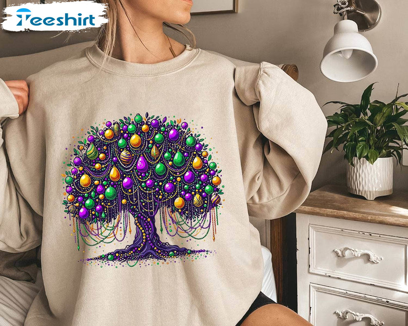 Trendy Mardi Gras Bead Tree Shirt, Neutral Fat Tuesday Hoodie Long Sleeve