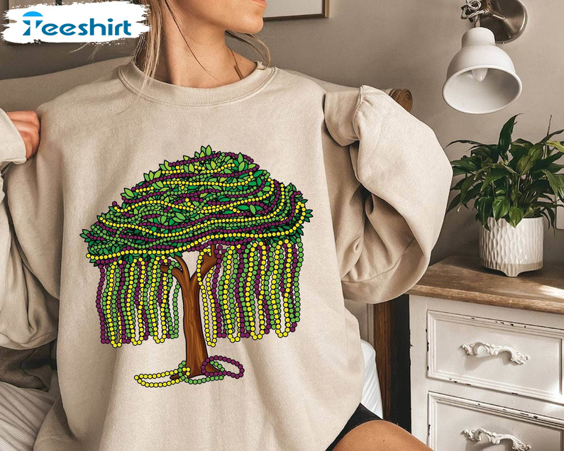 Trendy Louisiana Sweatshirt , Unique Mardi Gras Bead Tree Shirt Short Sleeve