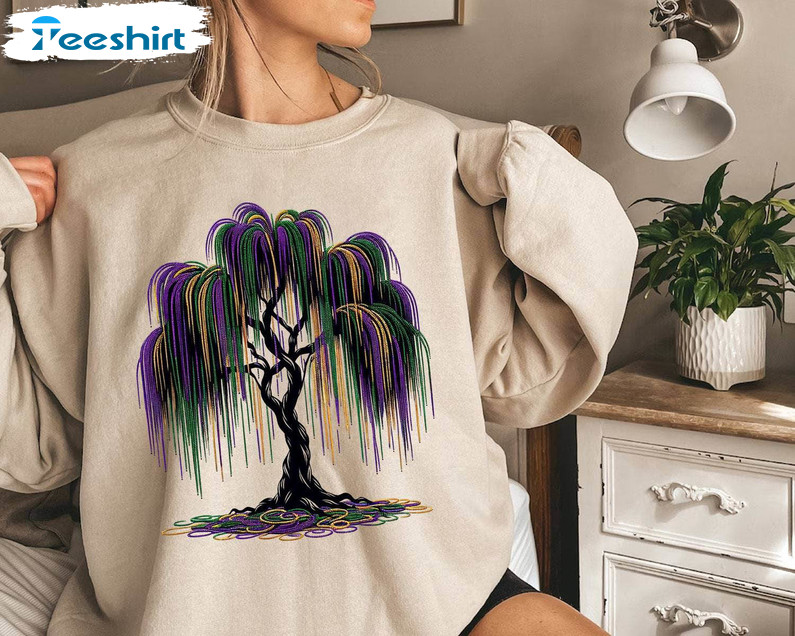 New Rare Mardi Gras Bead Tree Shirt, Funny Mardi Gras Nola Short Sleeve Crewneck