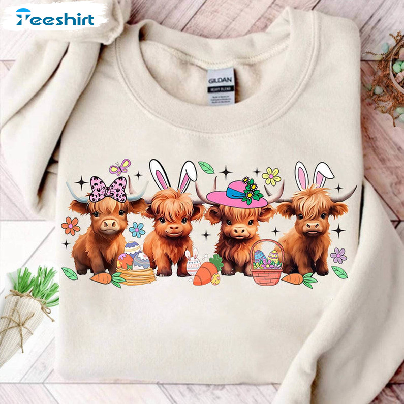 Easter Day Baby Highland Cow Shirt, Retro Easter Unisex T Shirt Short Sleeve