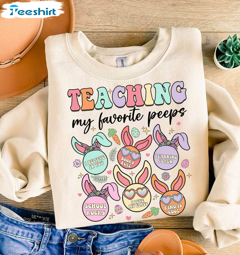 Teaching My Favorite Peeps Shirt, Easter Bunny Retro Short Sleeve Hoodie