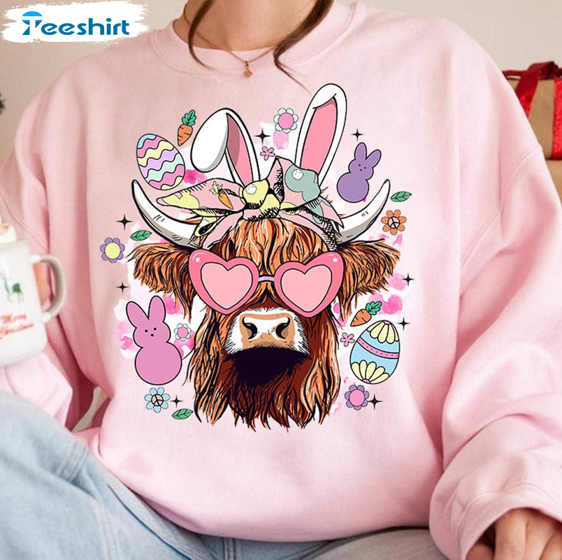 Easter Day Highland Cow Retro Shirt, Clover Shamrock Crewneck Sweatshirt Tee Tops