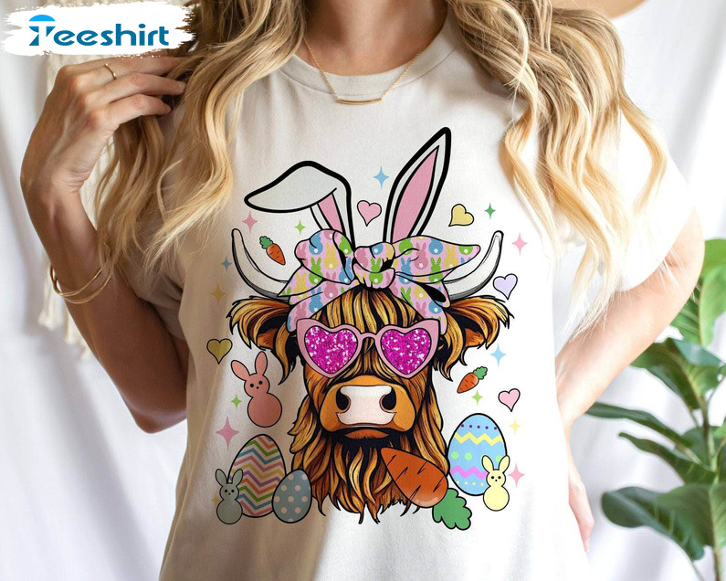 Highland Cow Easter Day Shirt, Heifer Cow Easter Long Sleeve Tee Tops