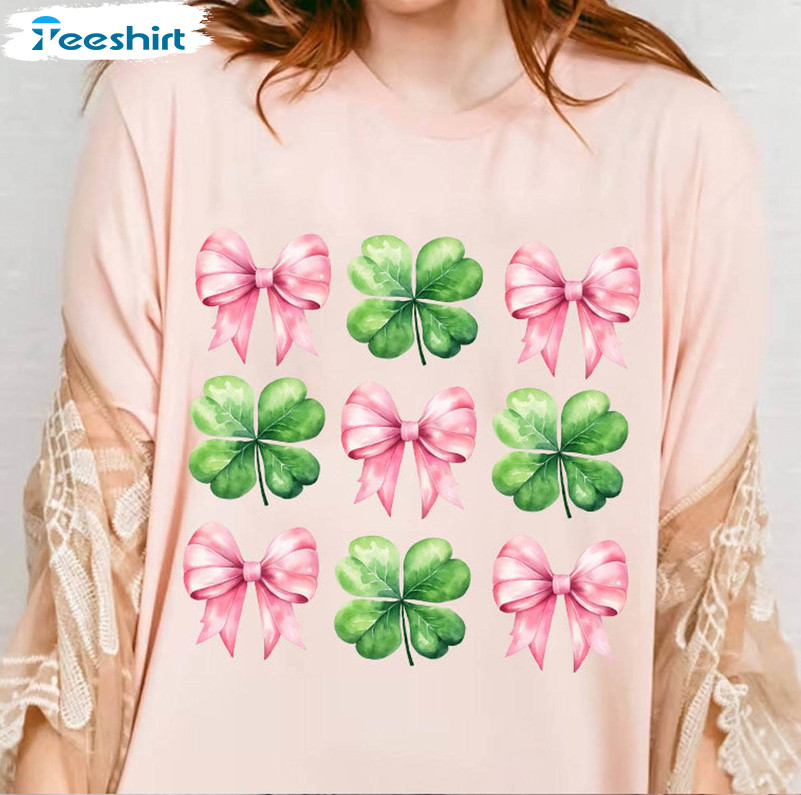 Coquette Bow Clover Funny Shirt, Watercolor Patricks Day Long Sleeve Sweater