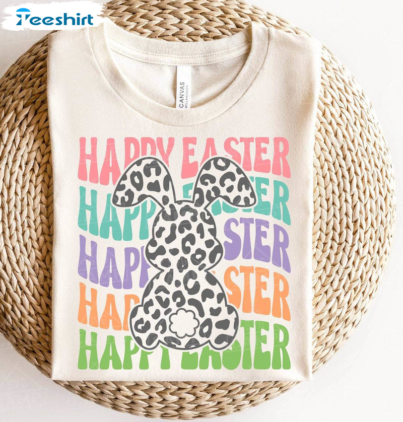 Happy Easter Leopard Bunny Shirt, Retro Easter Unisex Hoodie Tee Tops