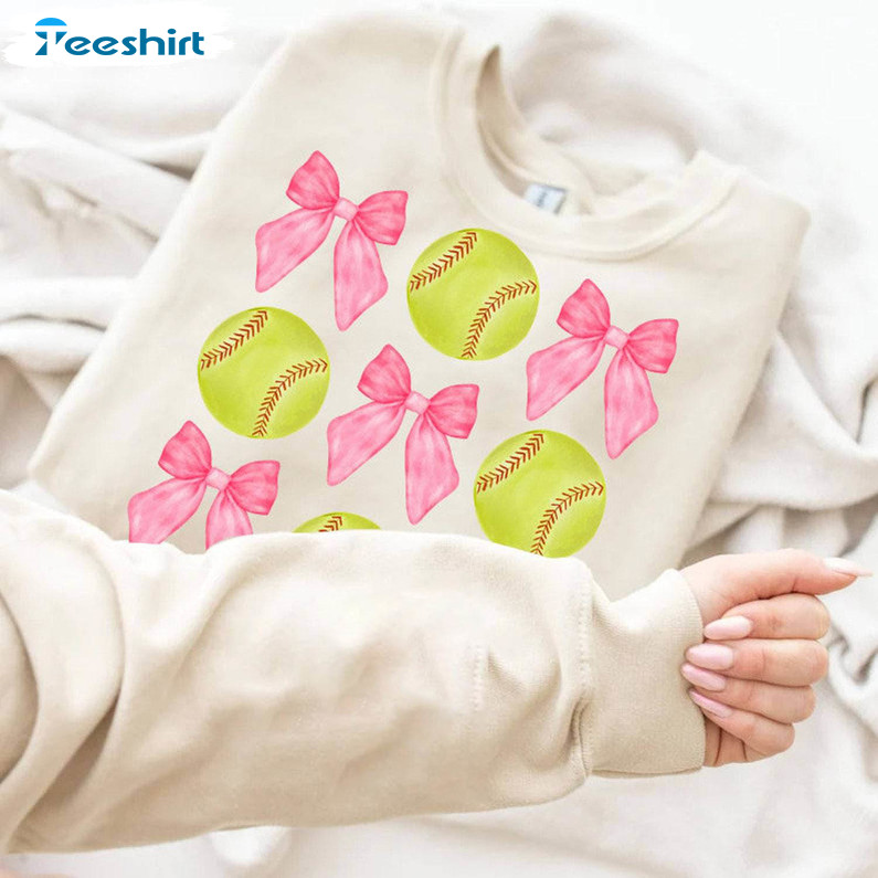 Softball Coquette Bow Shirt, Coquette Softball Short Sleeve Hoodie