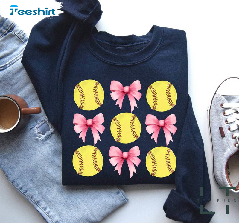 Softball Coquette Bow Shirt, Cute Softball Long Sleeve Tee Tops