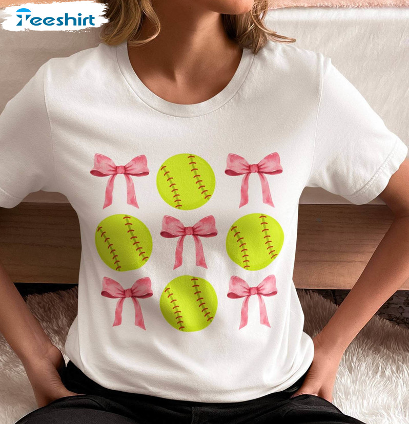 Softball Ball And Bows Shirt, Softball Mom Short Sleeve Tee Tops