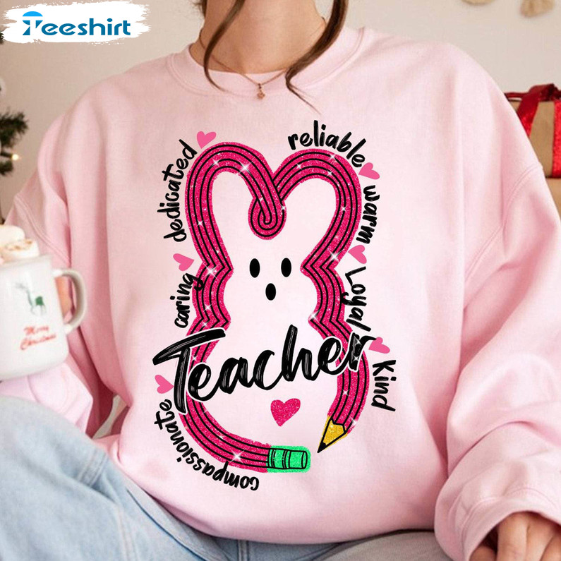 Teacher Bunny Pencil Shirt, Retro Easter Tee Tops Sweater