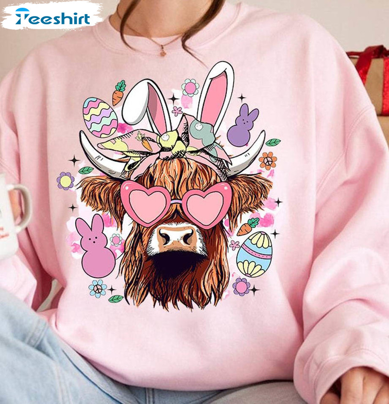 Easter Day Highland Cow Shirt, Easter Bunny Unisex Hoodie Crewneck Sweatshirt