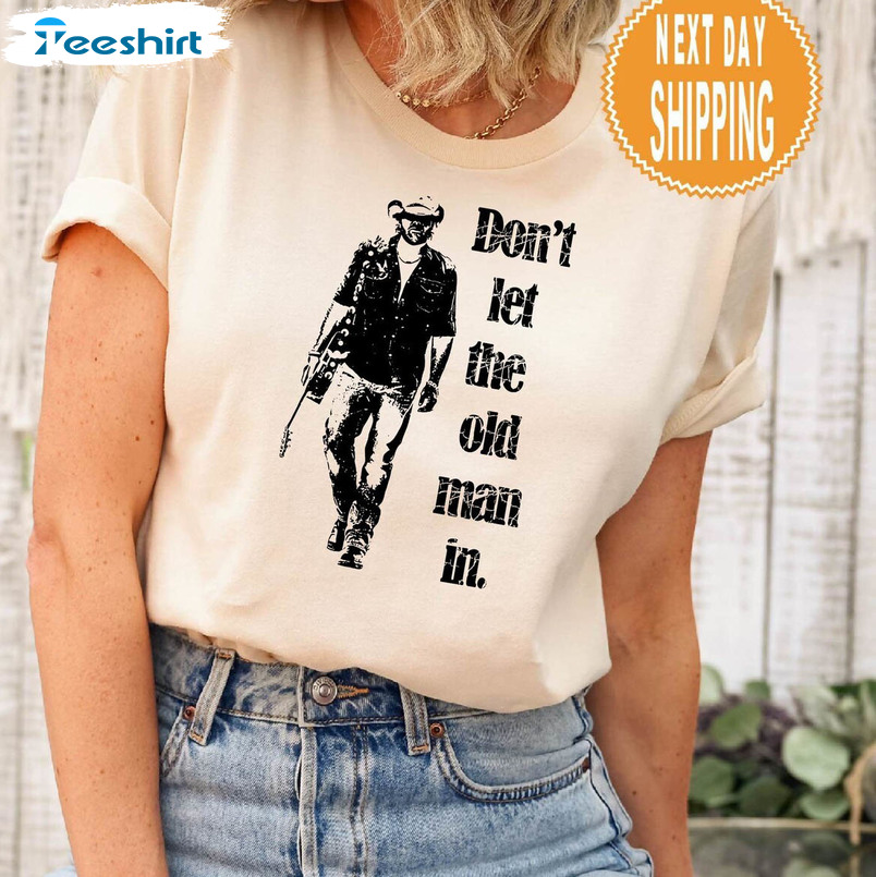 Don't Let The Old Man In Shirt, Vintage Old Man Walking With A Guitar Memorial Crewneck Sweatshirt