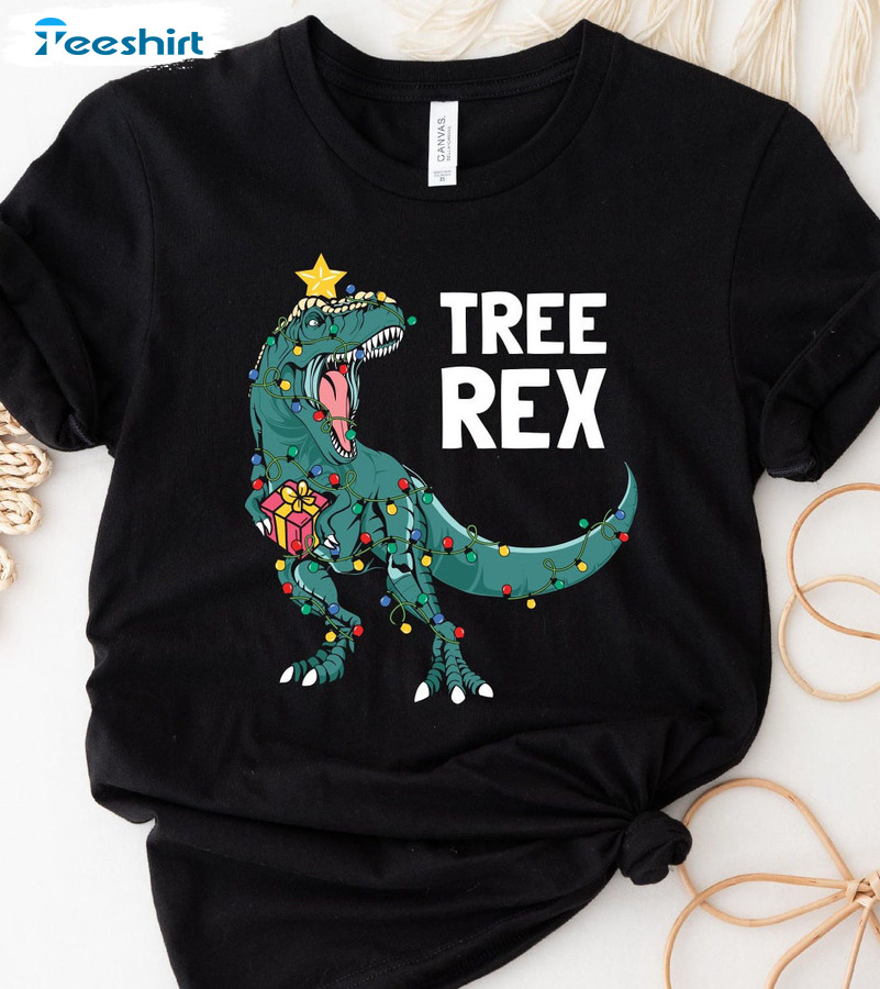 Tree Rex Graphic Shirt - Ligts Dinosaur Xmas Short Sleeve Crewneck