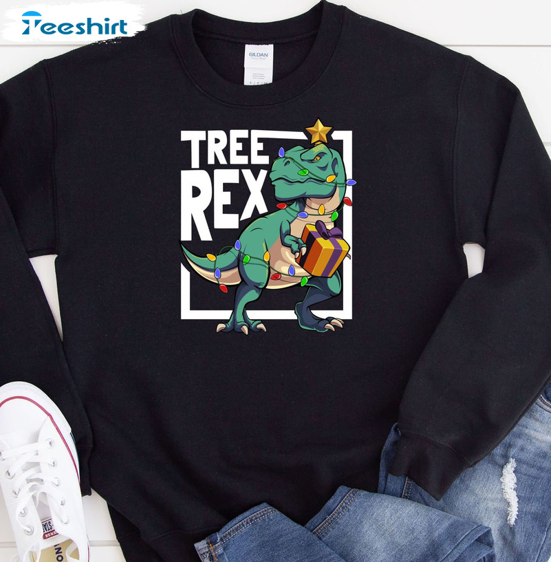 Tree Rex Dinosaur Funny Xmas Shirt, Elf Santa Gifts Snow Snowfall Xmas Lights