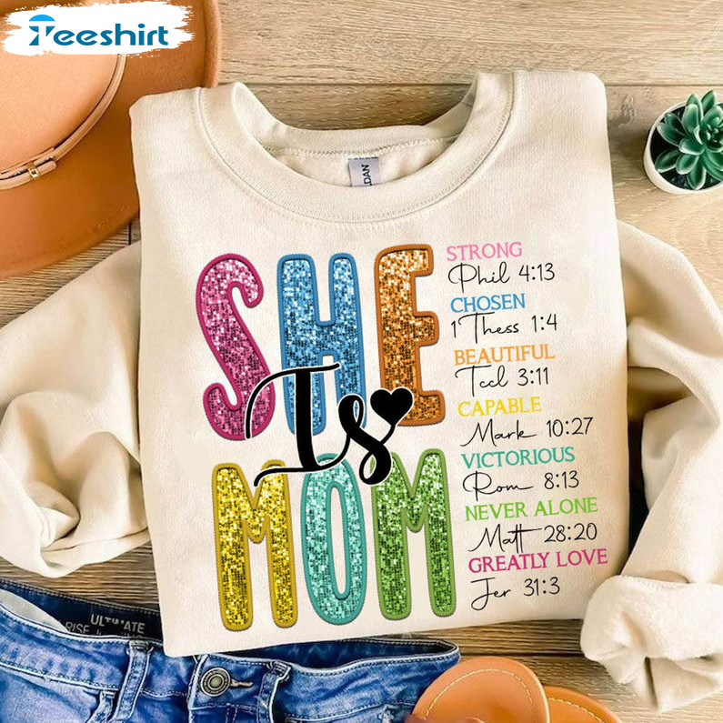 She Is Mom Faux Sequins Shirt, Retro Mother Crewneck Sweatshirt Tee Tops