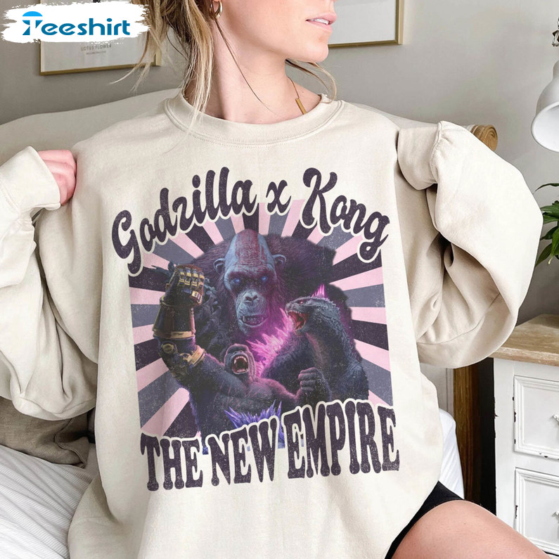 Vintage Godzilla X Kong The New Empire 2024 Shirt, Retro Godzilla Movie Short Sleeve Crewneck Sweatshirt