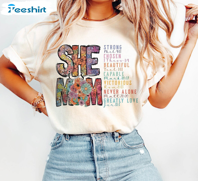 She Is Mom Trendy Shirt, Bible Verse Mom Short Sleeve Crewneck Sweatshirt