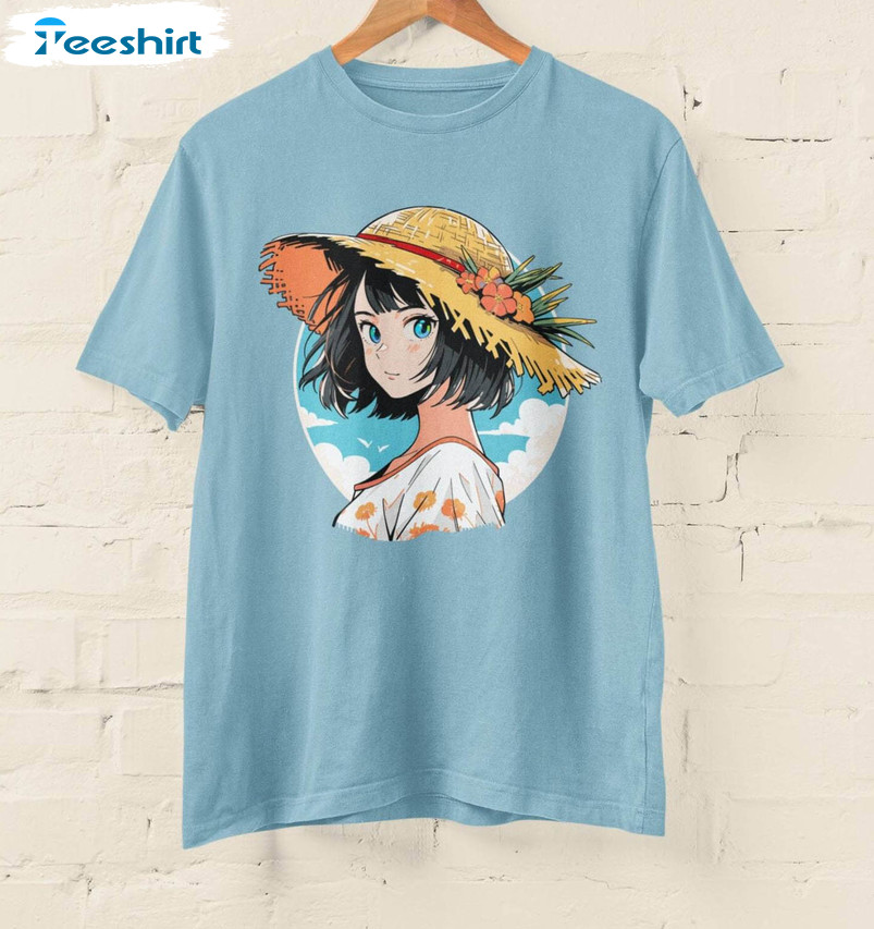 Straw Hat Anime Girl Summer Shirt, Japanese Summer Anime Crewneck Sweatshirt Tee Tops