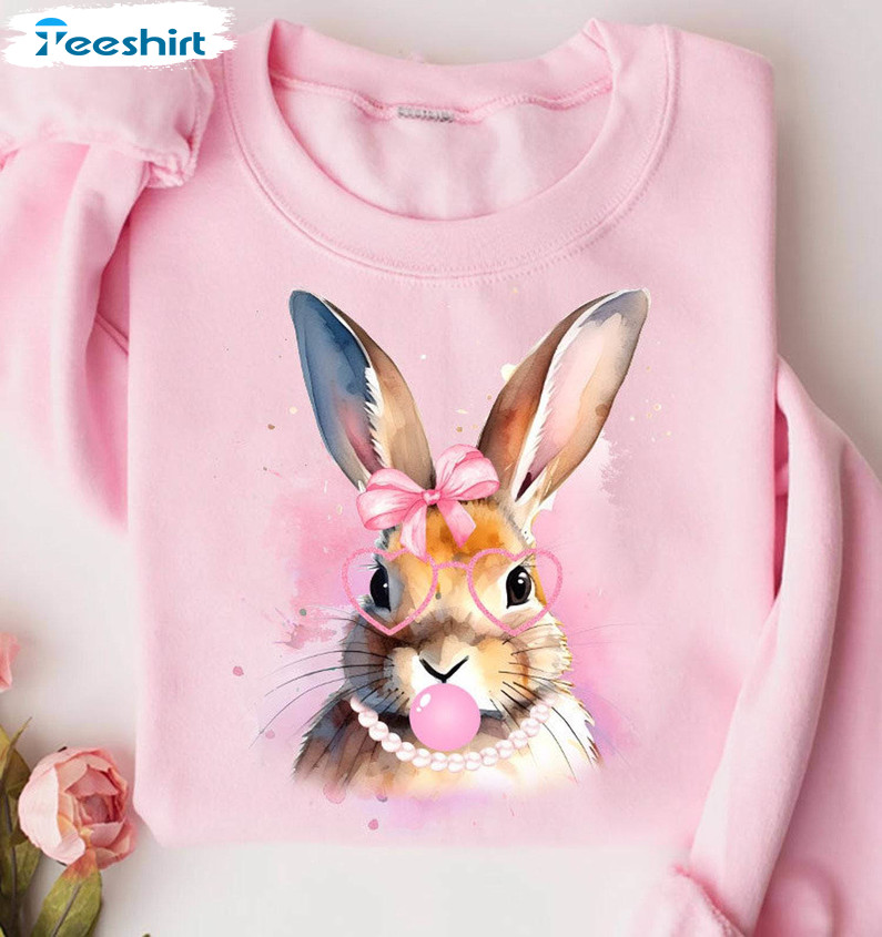 Coquette Bunny With Glasses Shirt, Bunny Coquette Easter Long Sleeve Tee Tops