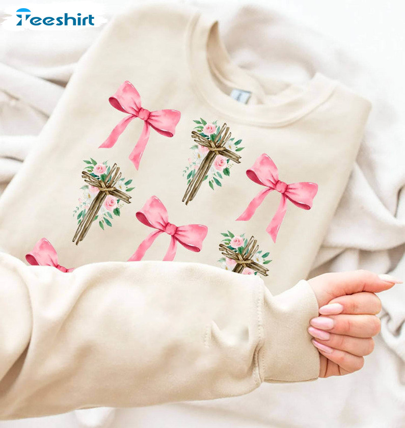 Cross Coquette Bows Shirt, Floral Cross Retro Sweater T-shirt