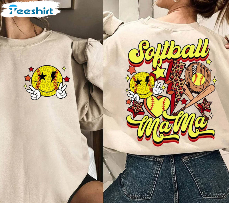 Retro Softball Mama Shirt, Mama Softball Smiley Face Unisex T Shirt Long Sleeve