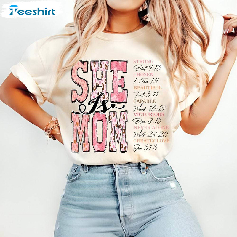 She Is Mom Trendy Shirt, Mom Strong Crewneck Sweatshirt Tee Tops