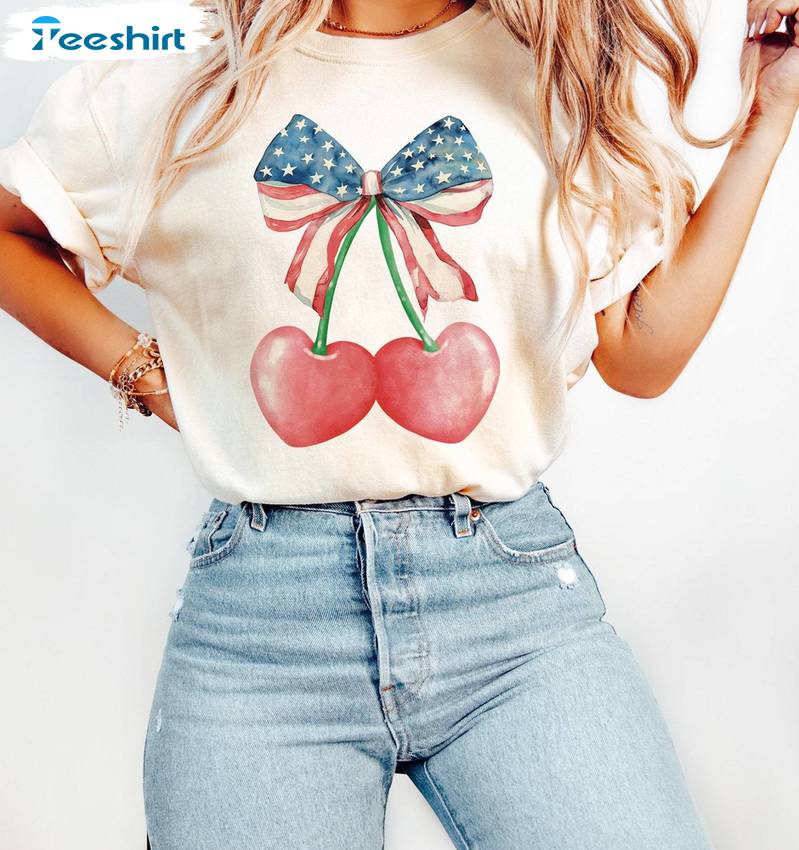 Coquette America Cherry Shirt, Coquette Bow 4th Of July Long Sleeve Sweater