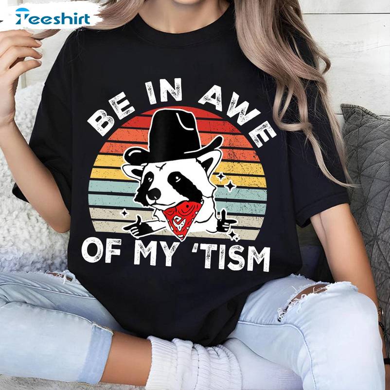 Be In Awe Of My Tism Funny Shirt, Racoon Cowboy Short Sleeve Tee Tops