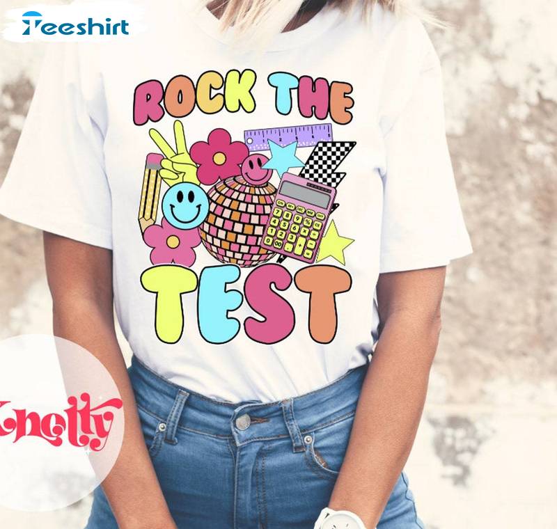 Retro Pastel Testing Shirt, Rock The Test Teacher Short Sleeve Sweater