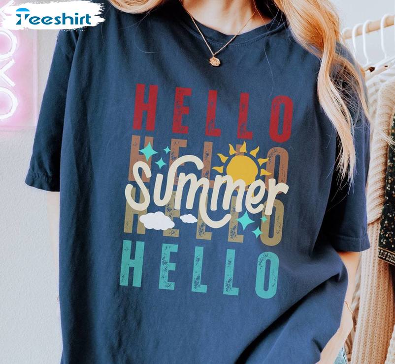 Comfort Colors Hello Summer Shirt, Retro Sunset Unisex T Shirt Long Sleeve