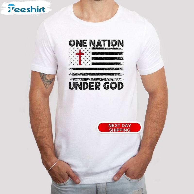 Limited One Nation Under God Shirt, American Flag With Cross Short Sleeve Crewneck